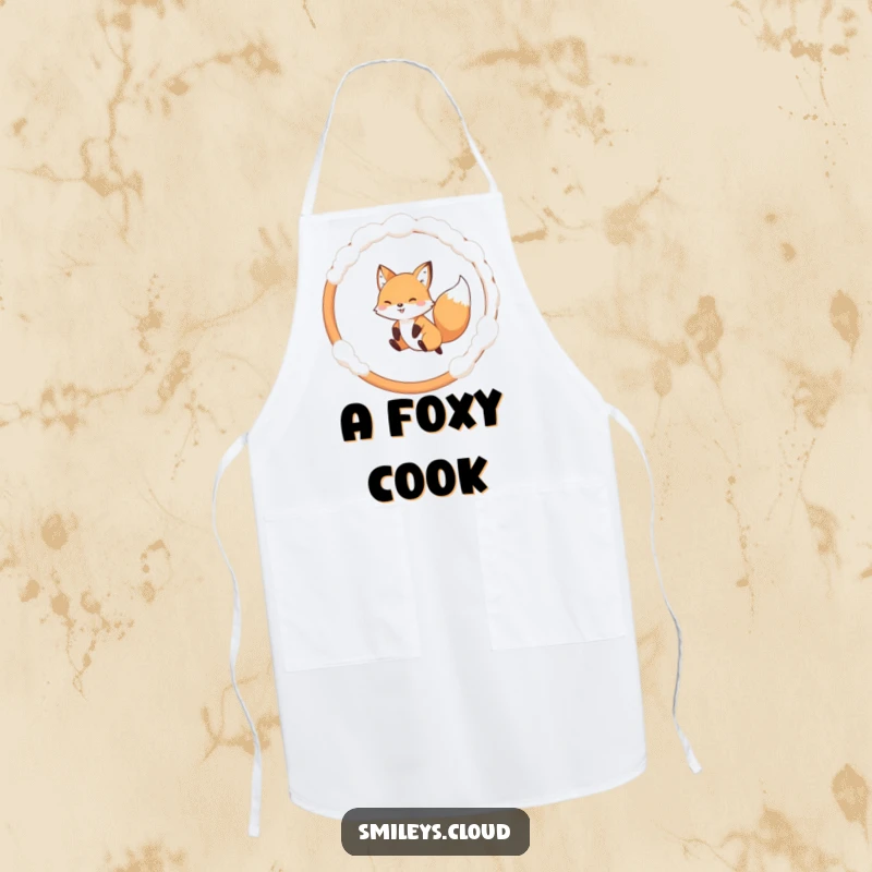 Funny apron featuring a dynamic fox jumping through a cloud hoop, adding a playful twist to cooking.
