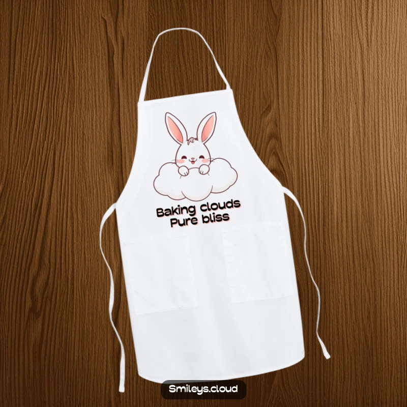 Funny rabbit apron showing a cute bunny peeking from a cloud, perfect for adding charm to kitchen tasks.