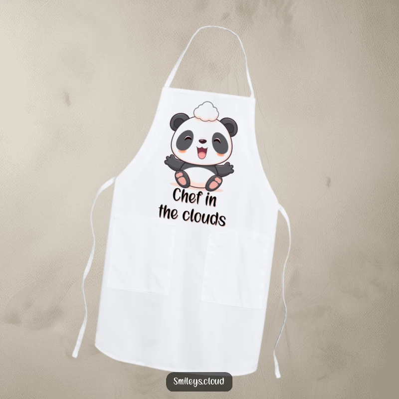 Funny apron with a happy panda balancing a cloud on its head, designed for kitchen fun and protection.