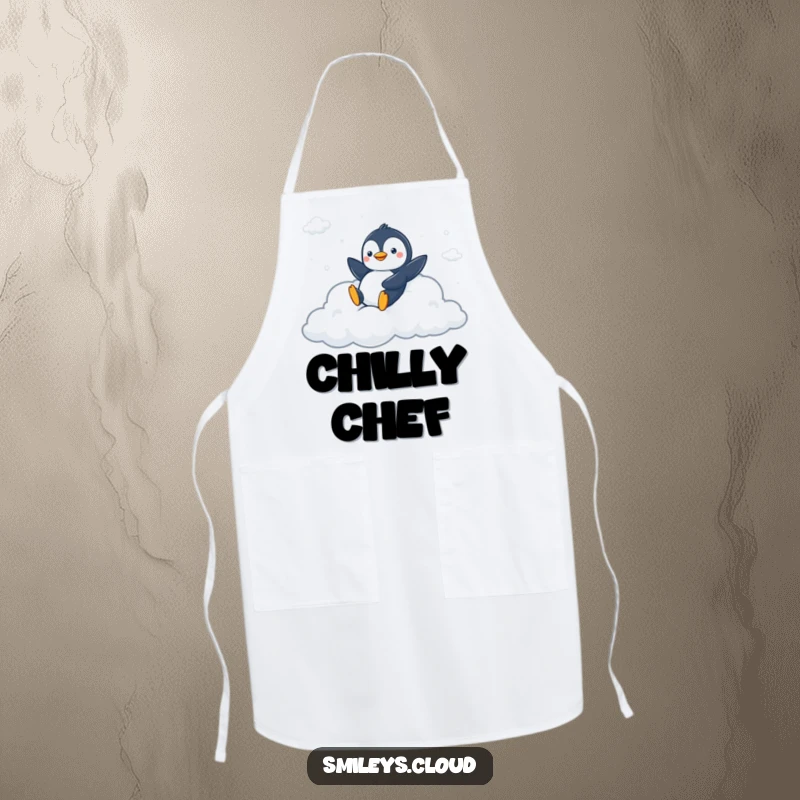 Funny apron with a peppy penguin sliding down a fluffy cloud slide, perfect for fun and energetic cooking adventures.