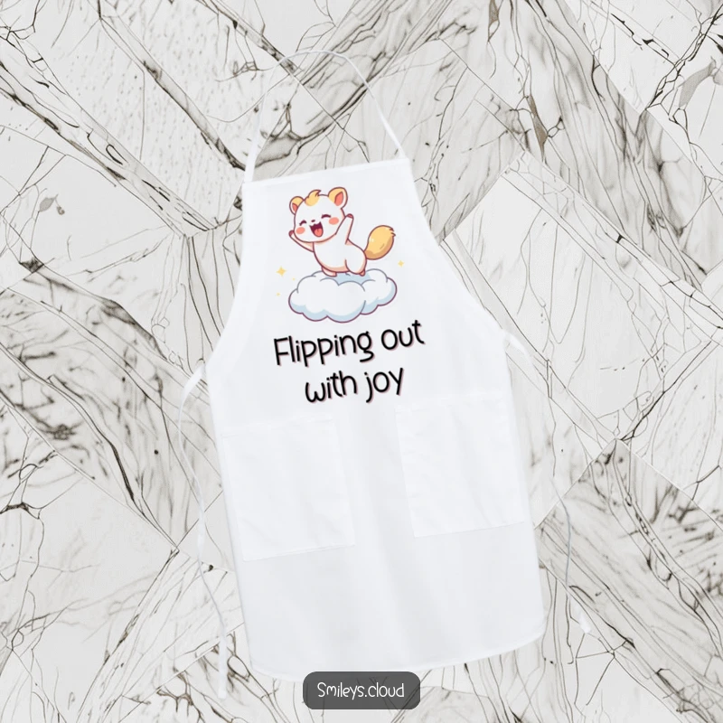 Funny apron with a lively animal energetically bouncing on a cloud, ideal for cooks who love humor and joy.
