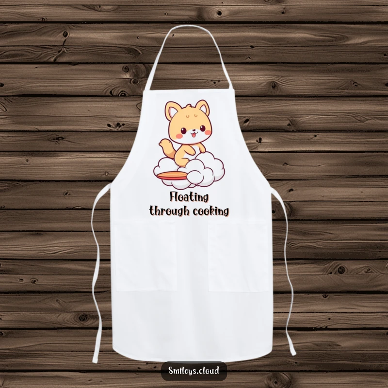 Funny apron featuring an animal character riding a cloud like a surfboard, perfect for kitchen use with a humorous, adventurous theme.