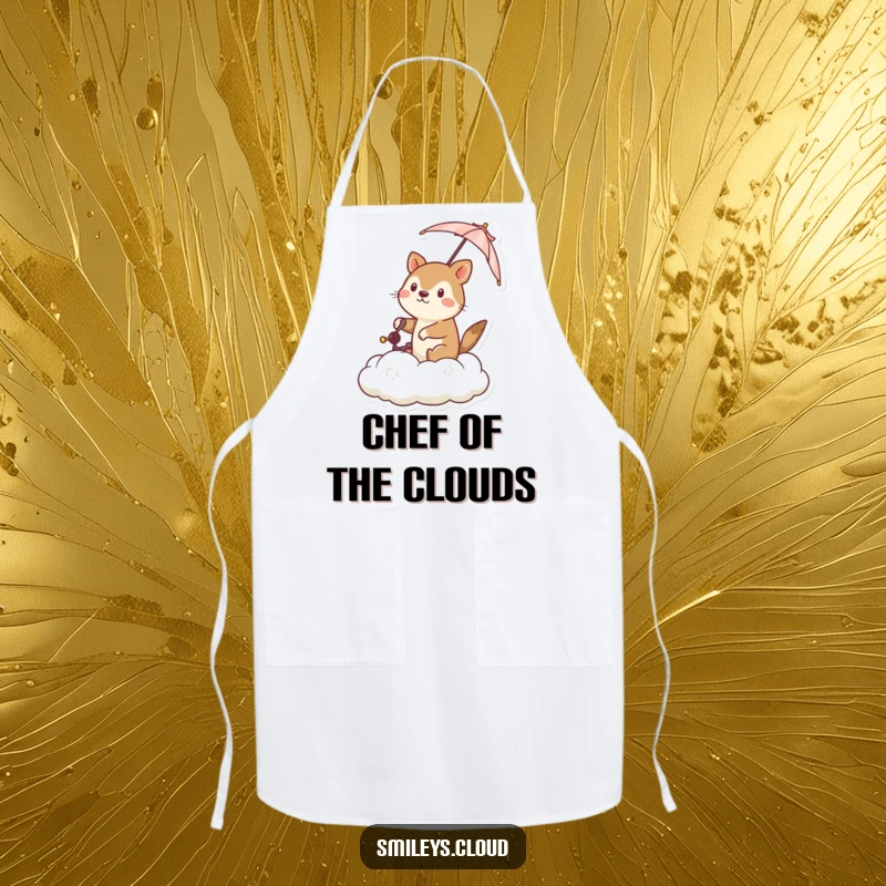 Funny apron with a determined animal steering a cloud with a tiny umbrella, adding a touch of adventurous spirit to kitchen duties.
