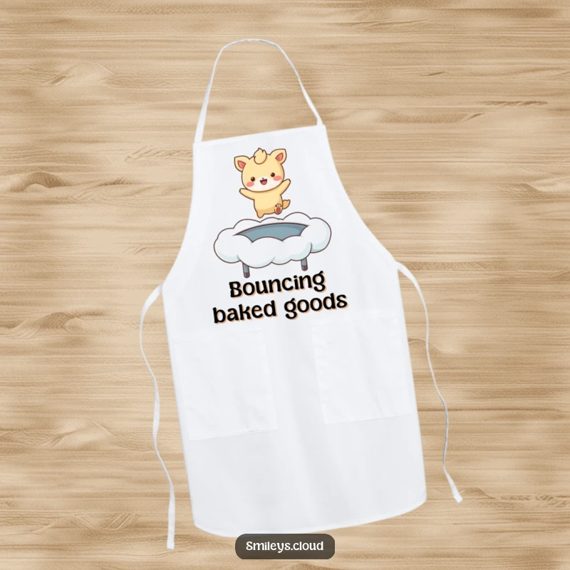 Funny apron depicting a joyful cartoon animal mid-bounce on a fluffy cloud, ideal for adding humor to cooking.