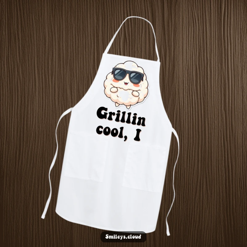 Funny apron depicting a fluffy cloud wearing sunglasses, striking a cool pose with a cheerful smirk, ready to cook.