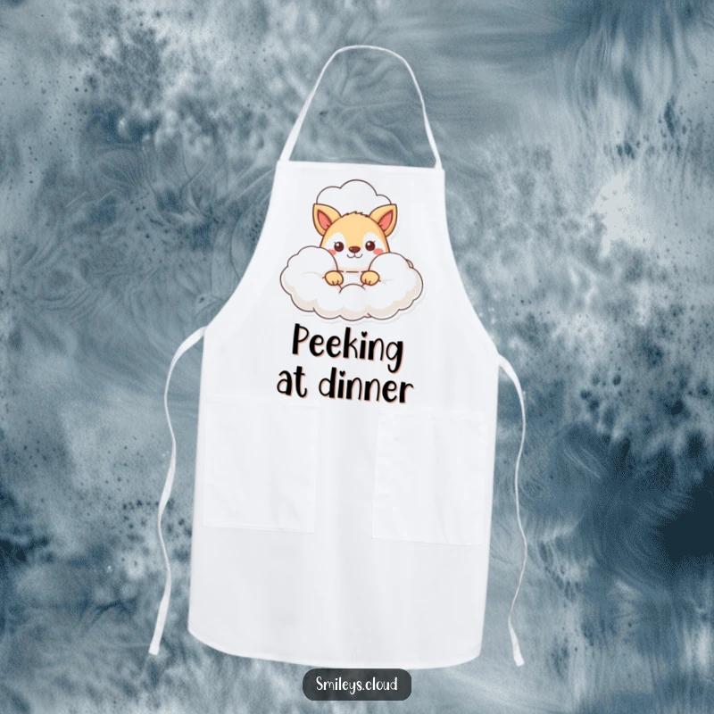 Funny apron depicting an animal character curiously peeking out from behind a fluffy cloud, adding playful charm to cooking.