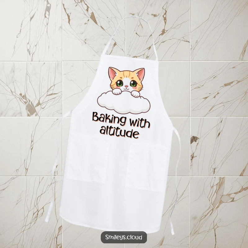 Funny cat apron, a curious cat peeking over a cloud, blending kitchen protection with whimsical, playful humor.