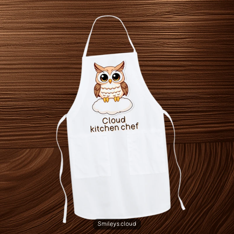 Funny owl apron displaying a curious owl with wide eyes on a cloud, a humorous kitchen accessory for the playful cook.