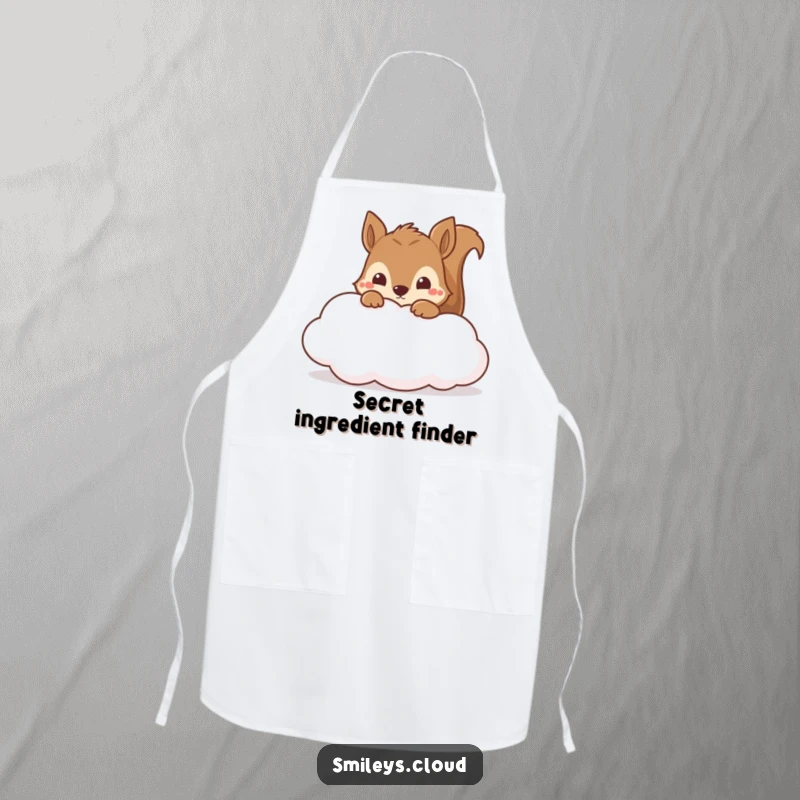 Funny curious squirrel peeking from a soft cloud, printed on a practical apron for a touch of kitchen humor.