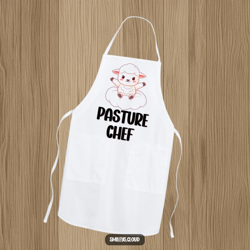 Funny apron shows a fluffy sheep floating on a cloud, arms spread wide in a joyful, carefree manner.