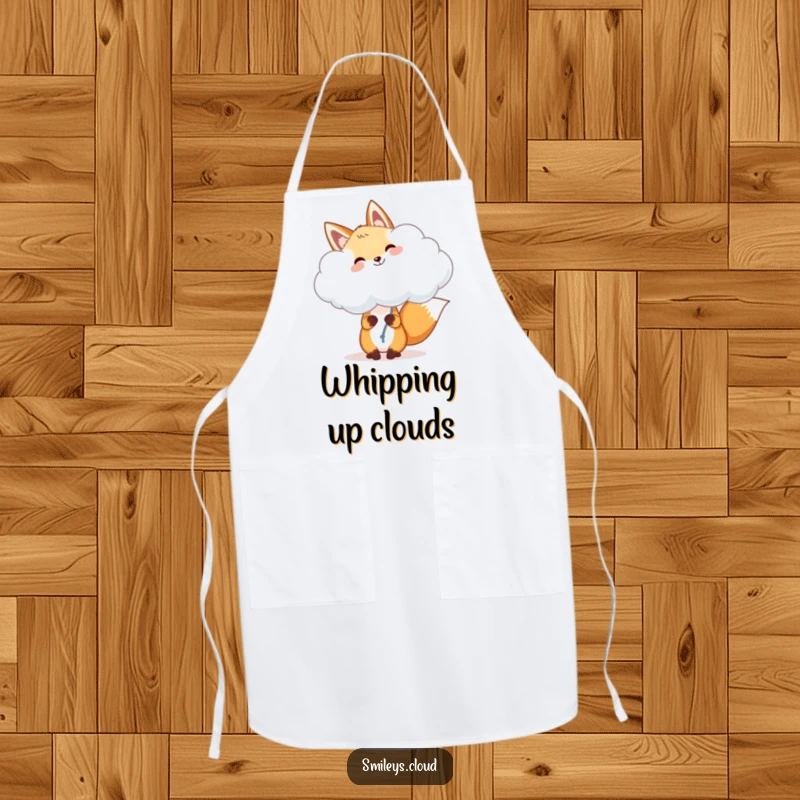Funny fox apron, a cheerful fox holding a fluffy cloud like a balloon, adding whimsical joy to kitchen tasks.