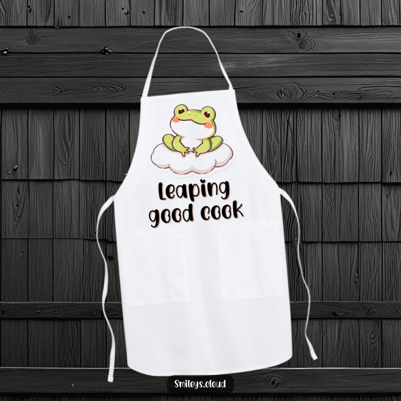 Funny frog character cooking happily on a cloud, wearing an apron with a smile, perfect for this humorous kitchen essential.