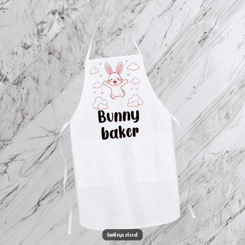 Funny apron shows a happy rabbit leaping joyfully between scattered clouds, embodying pure excitement.