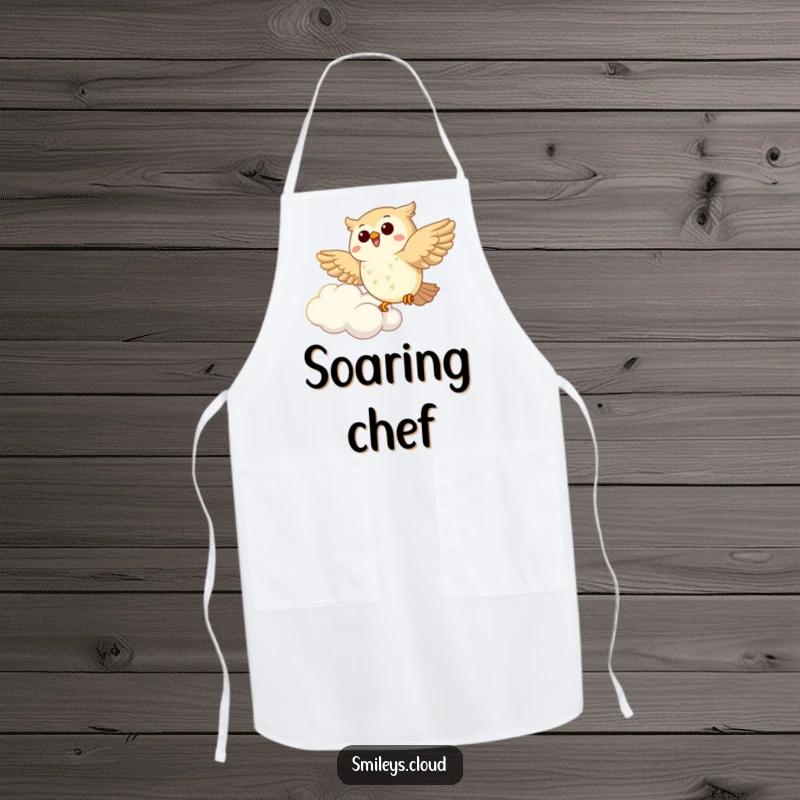 Funny Owl Apron: A joyous owl gracefully soars near a fluffy cloud, bringing humor and style to your kitchen duties.