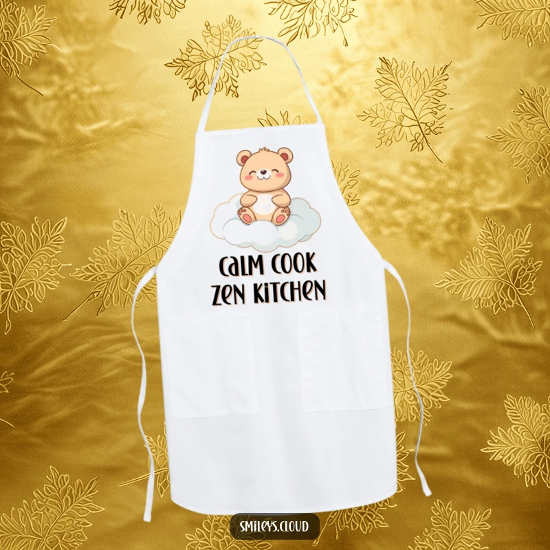 Funny meditating bear apron showing a calm bear meditating on a cloud, perfect for a peaceful cooking experience.
