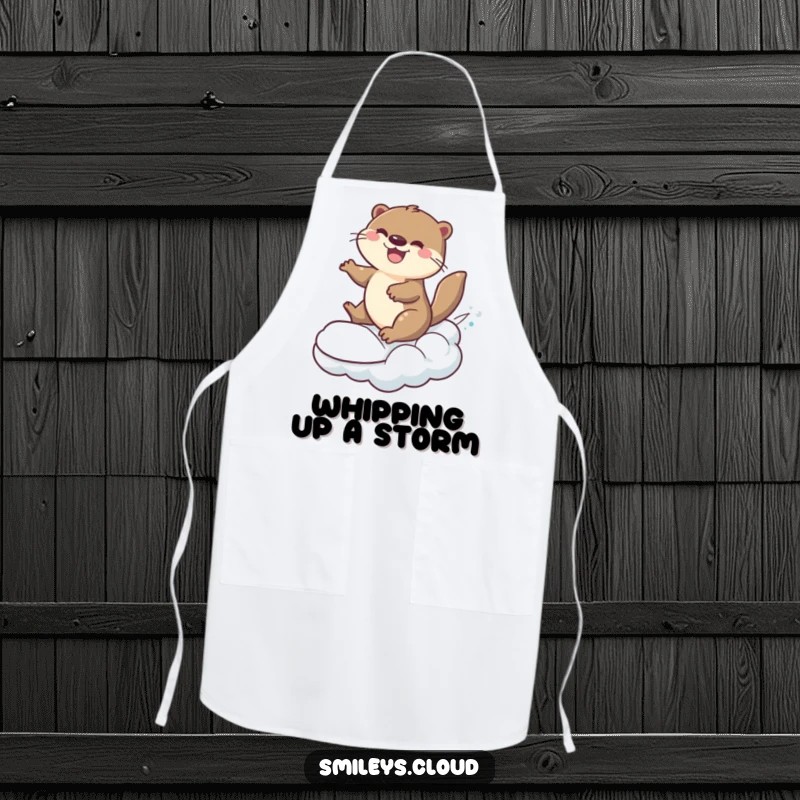 Funny cheerful otter surfing on a cloud, wearing a cooking apron.