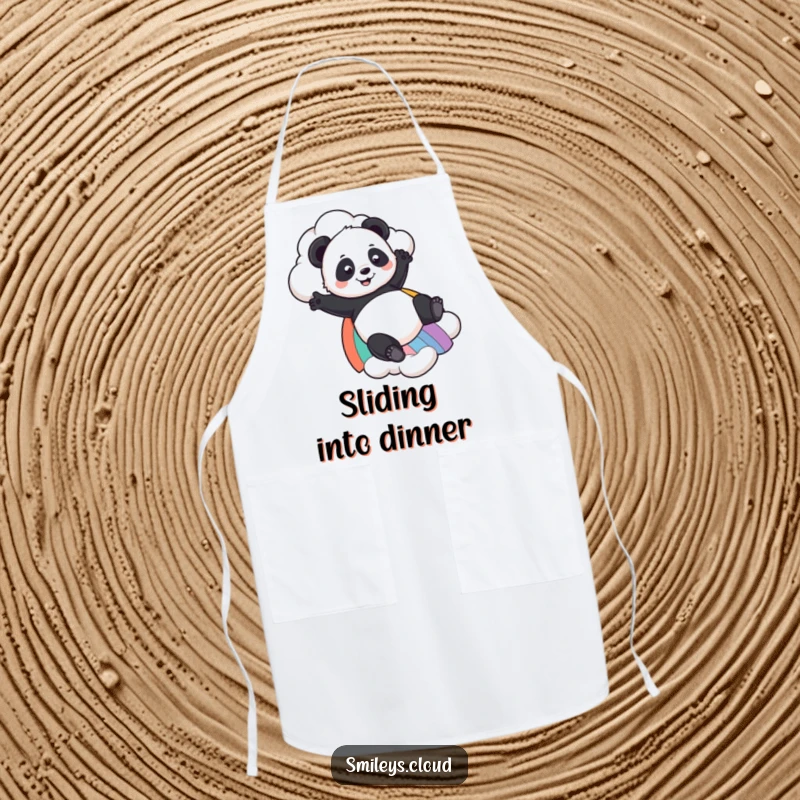 Funny Panda apron featuring a playful panda sliding down a rainbow from a cloud, ideal for adding whimsical humor to your culinary tasks.