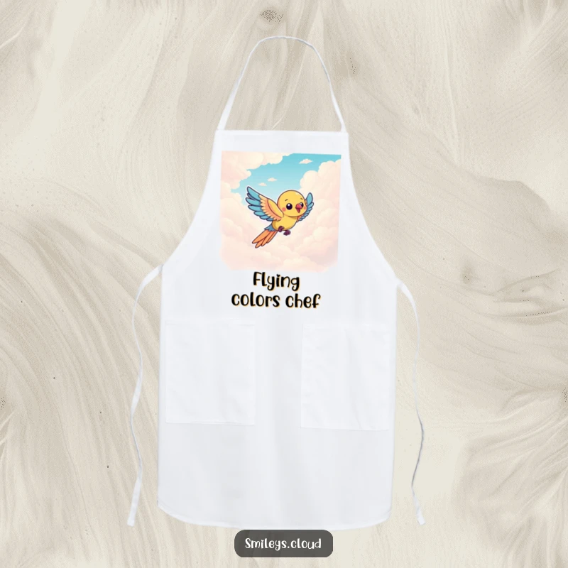 Funny parrot character flying with a chef's hat through clouds, ready to cook on this humorous apron.