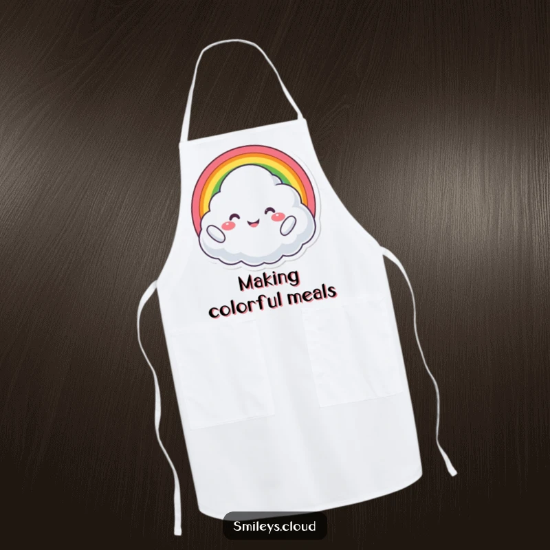 Funny apron depicting a proud cloud character holding a rainbow, beaming with joy, perfect for a cheerful cooking experience.