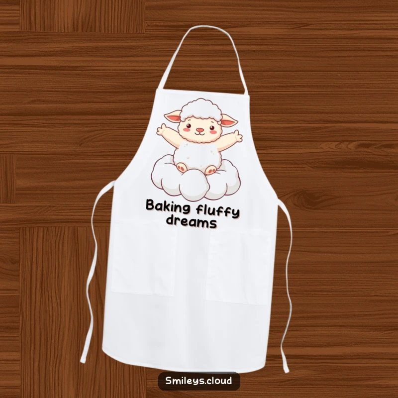 Funny apron depicting a fluffy sheep floating on a cloud with arms spread wide, bringing a sense of peacefulness to the kitchen.