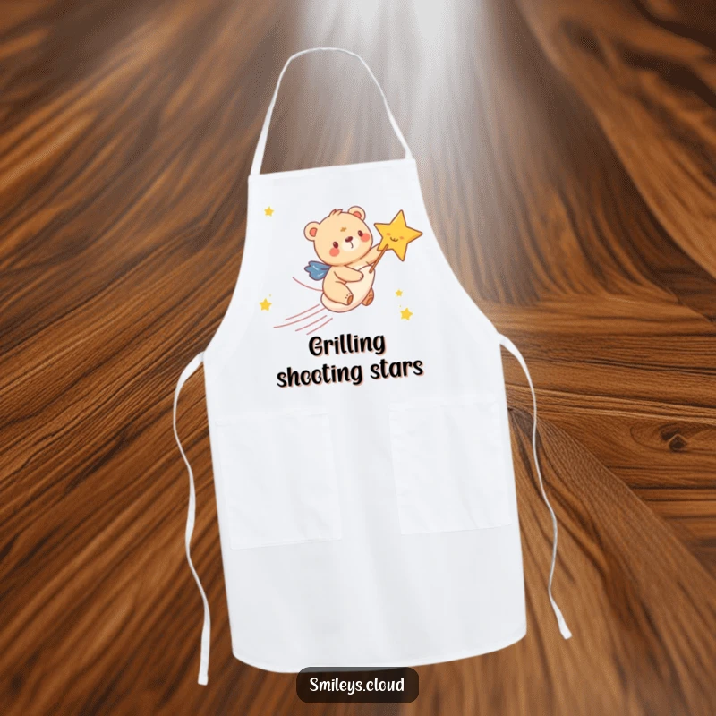Funny apron featuring a happy bear cub gleefully riding a shooting star, ideal for keeping clean while cooking with cosmic flair.