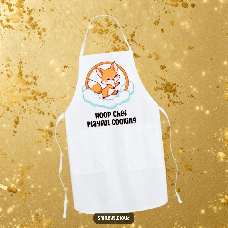 Funny fox apron showing a playful fox jumping through a cloud hoop, perfect for kitchen adventures.