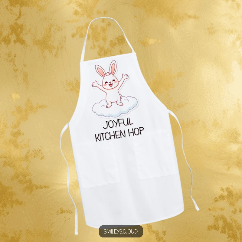 Funny apron design featuring a cheerful bunny balancing on a cloud with open arms, ready for funny culinary creations.