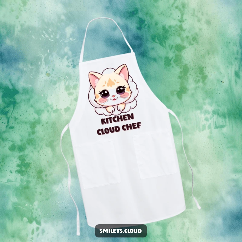 Funny apron design with a happy cat peeking out from a cloud, adding funny cheer to kitchen tasks.