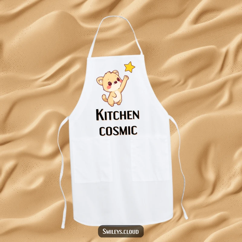 Funny apron showing a curious animal reaching out to touch a star, perfect for adding a touch of whimsical inspiration to cooking.