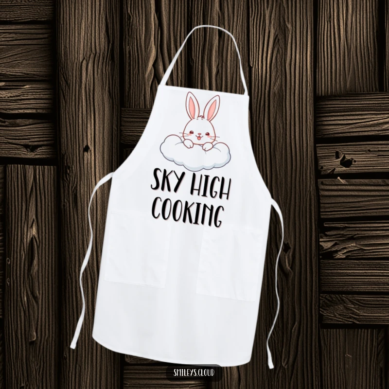 Funny apron featuring a cheerful rabbit peeking its head out from a fluffy white cloud, looking happy.