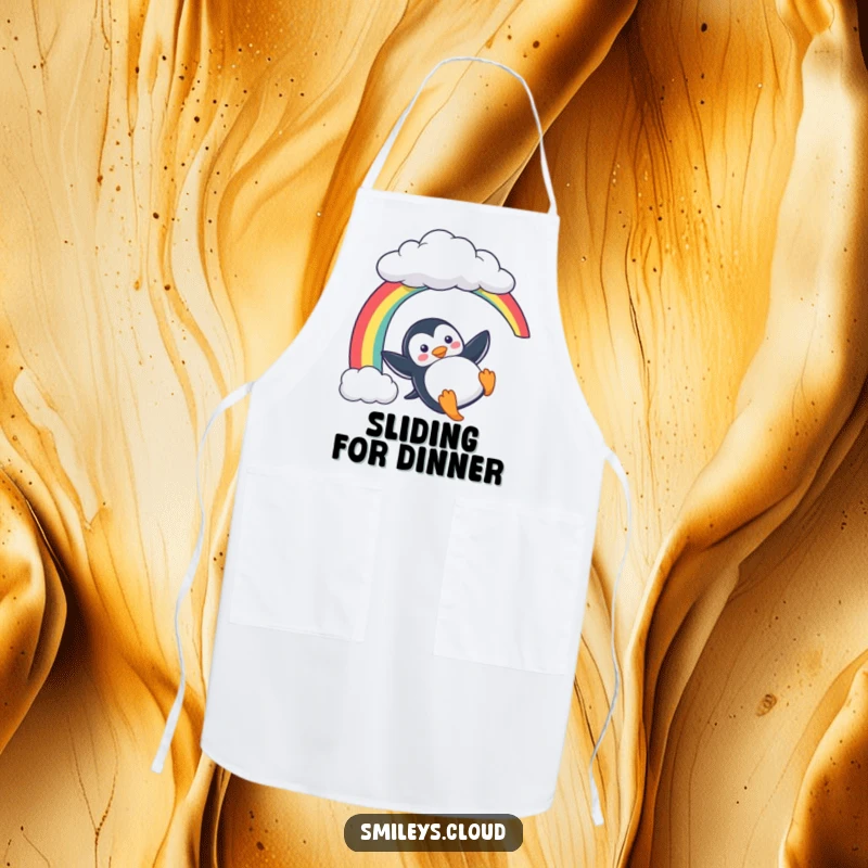 Funny Penguin Apron: A playful penguin slides down a rainbow on this apron, a humorous and colorful kitchen accessory gift.