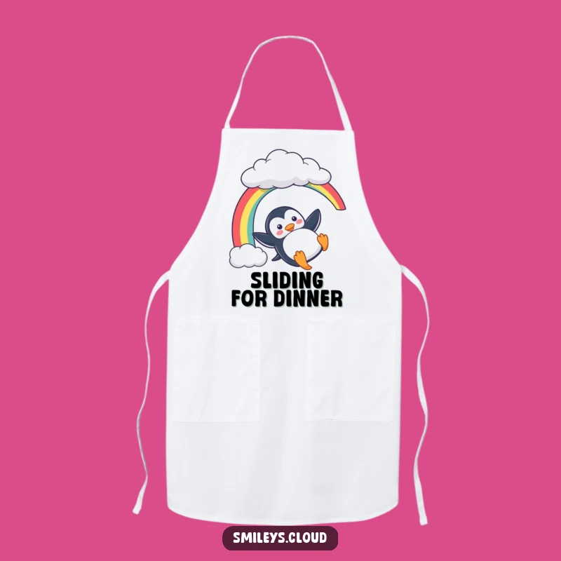 Funny Penguin Apron: Playful Rainbow Slide - Cheerful Kitchen Fun!