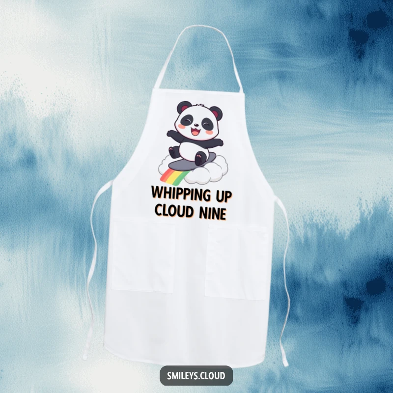 Funny apron featuring a panda joyfully surfing a rainbow cloud, ready to bring humor to any cooking or crafting session.