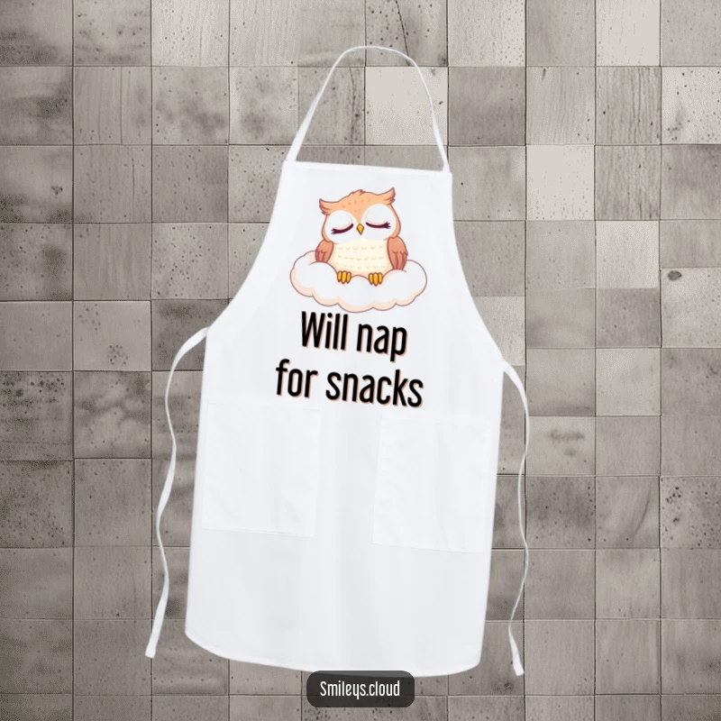 Funny apron depicting a content owl taking a nap on a soft cloud, ideal for kitchen fun and protecting clothes.