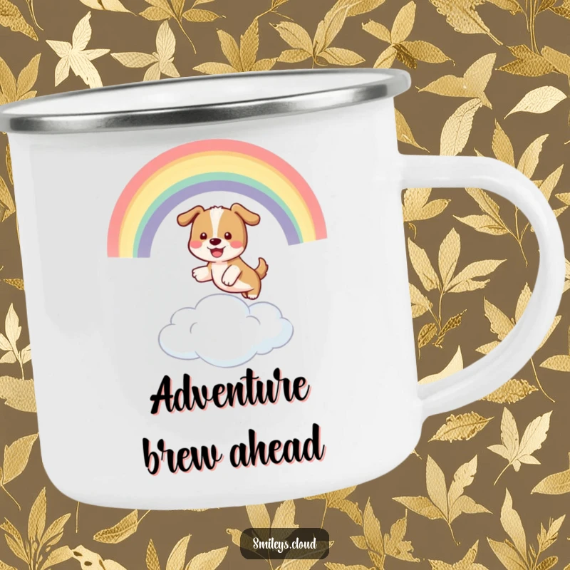 Funny and sturdy camping mug featuring a playful dog jumping through a rainbow over a cloud, ready for funny outdoor experiences.