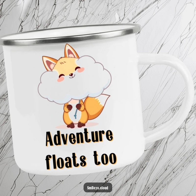 Funny fox camping mug, a cheerful fox holding a fluffy cloud like a balloon, ready for outdoor adventures with whimsical joy.