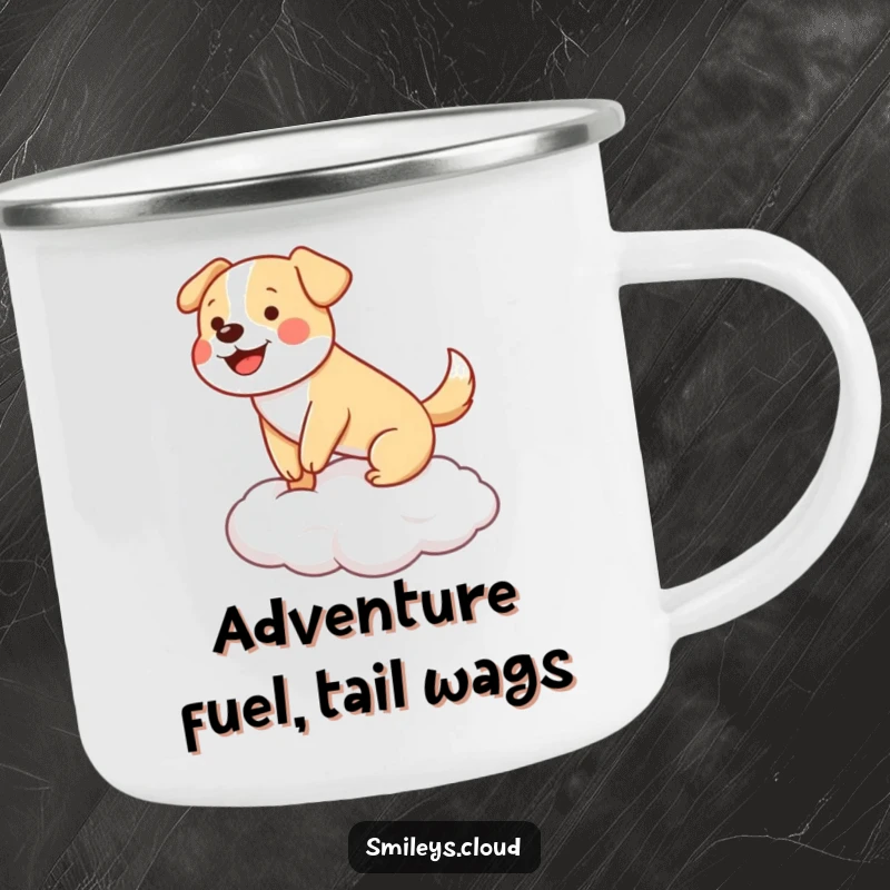 Funny happy dog wagging its tail, balancing on a cloud, on a durable camping mug.