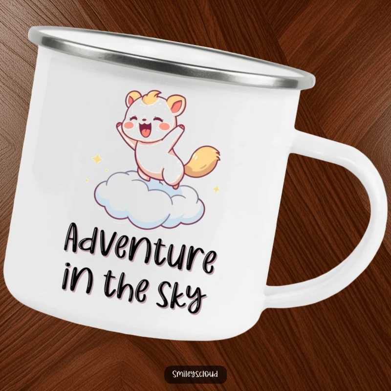 Funny camping mug with a lively animal joyfully bouncing on a cloud, perfect for outdoor enthusiasts who love fun.