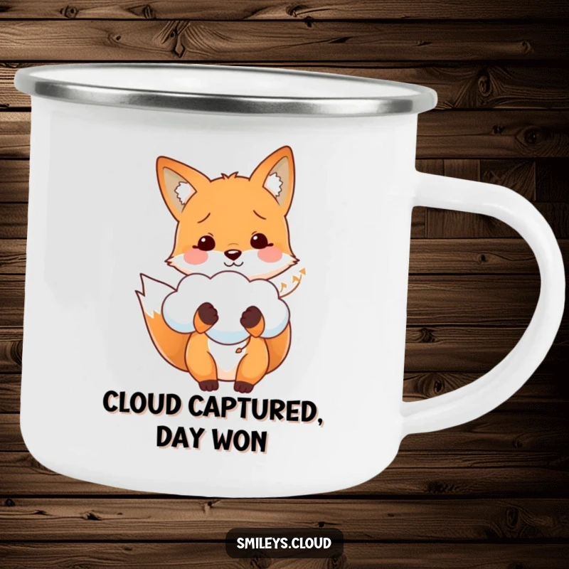 Funny camping mug depicting a happy fox holding a cloud like a balloon, perfect for outdoor lovers with a whimsical side.