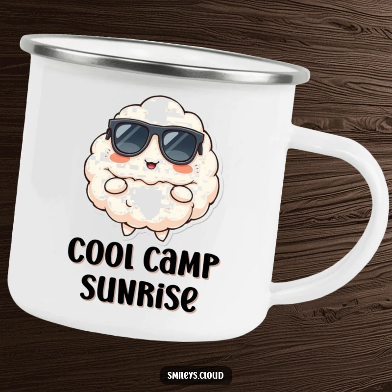 Funny camping mug of a fluffy cloud wearing sunglasses, striking a cool pose with a cheerful smirk, ready for the outdoors.