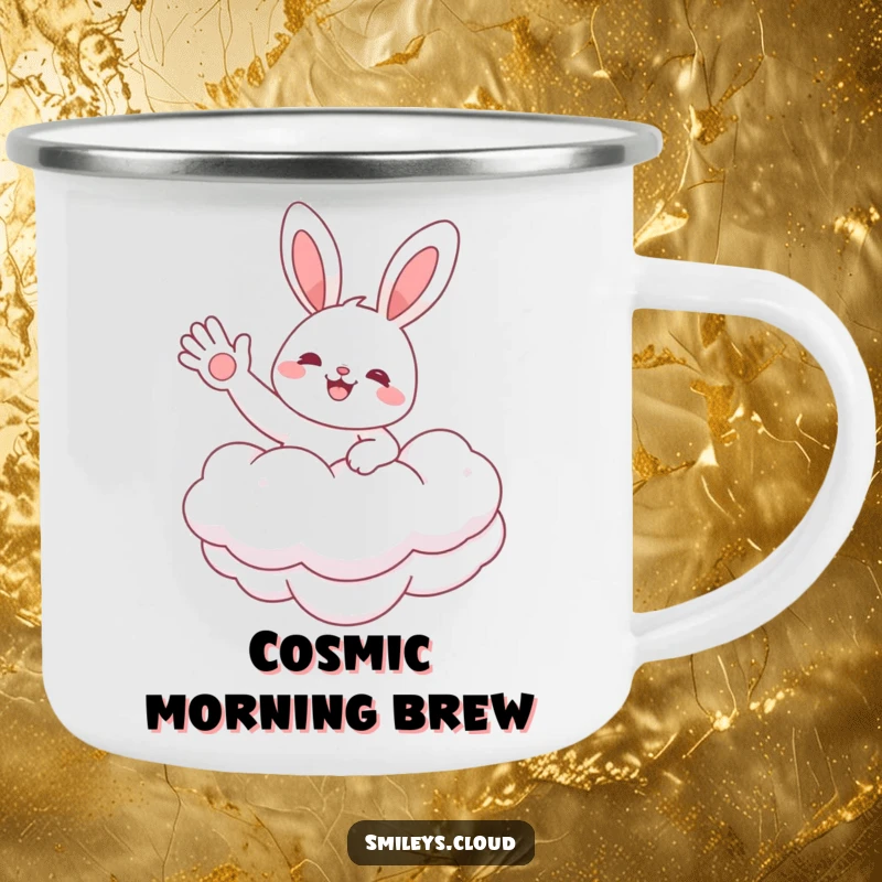 Funny camping mug featuring a cheerful bunny floating on a cloud, waving hello, perfect for enjoying hot beverages during outdoor adventures.