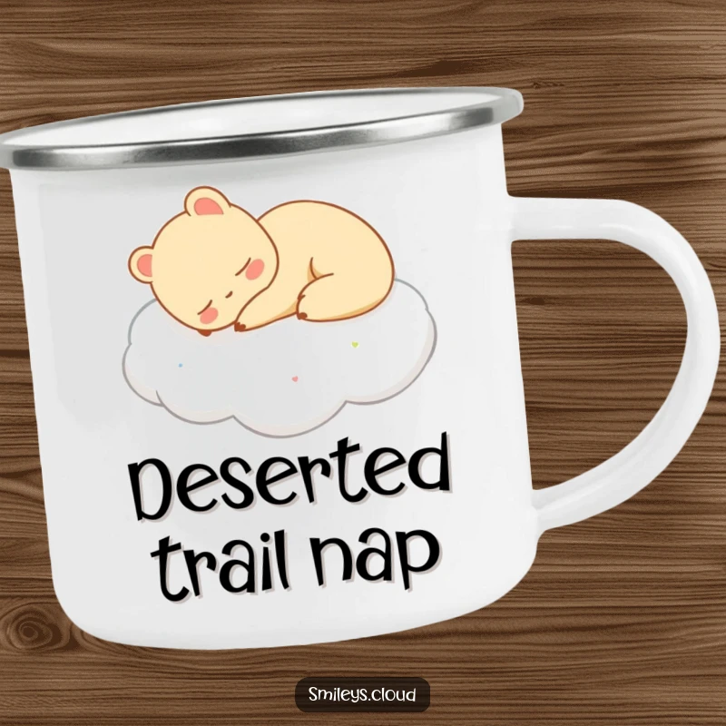 Funny camping mug with a content animal peacefully sleeping on a cloud, perfect for outdoor enthusiasts who love calm.