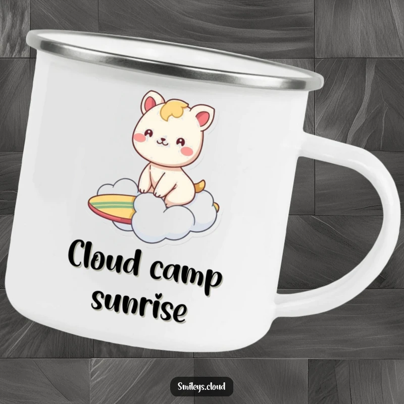 Funny camping mug featuring a smiling animal surfing on a cloud, perfect for happy outdoor excursions and cheerful mornings.