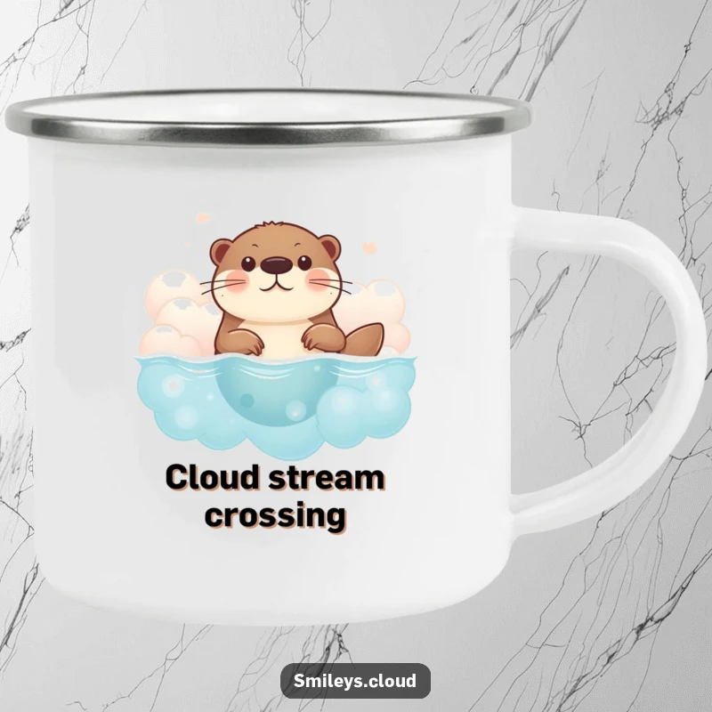 Funny brave otter camping mug showing an otter swimming through clouds, designed for outdoor enthusiasts who appreciate humor and bravery.