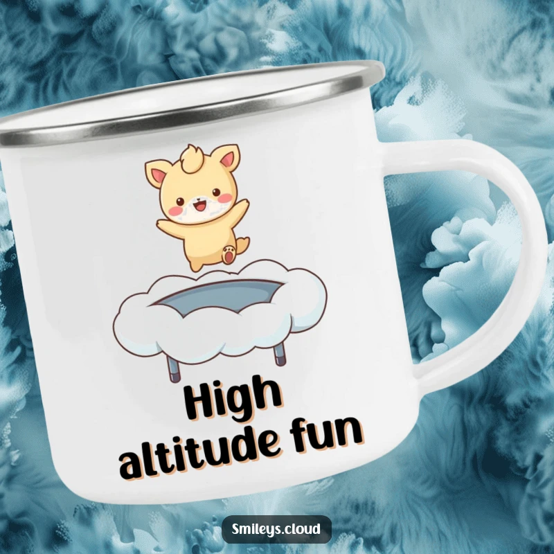 Funny camping mug showcasing a cheerful animal character joyfully bouncing on a cloud, perfect for outdoor enthusiasts.