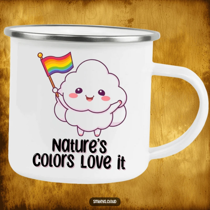 Funny cloud critter camping mug featuring a smiling cloud waving a rainbow flag, perfect for outdoor enjoyment.