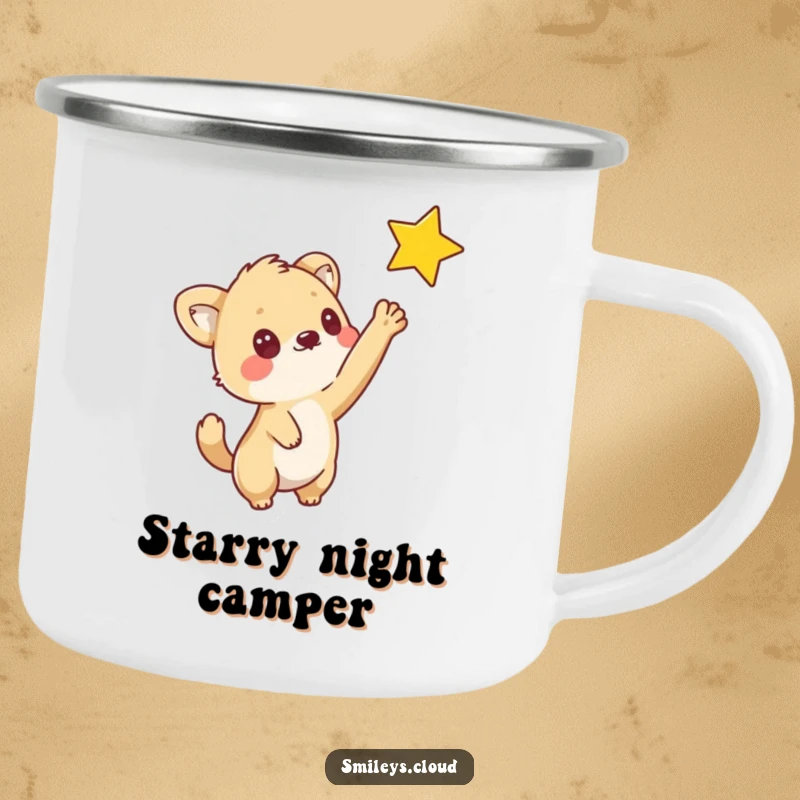 Funny camping mug featuring a curious animal reaching out to touch a star, perfect for stargazing and cozy nights.
