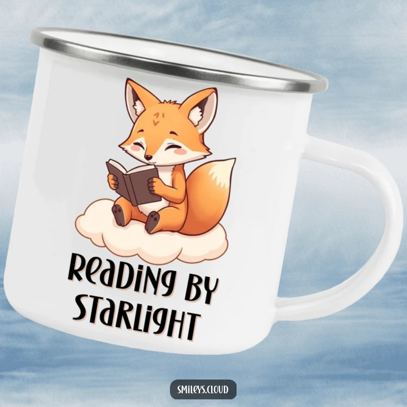 Funny Fox Camping Mug: A determined fox reads on a cloud on this rugged mug, ideal for outdoor enthusiasts and humor.