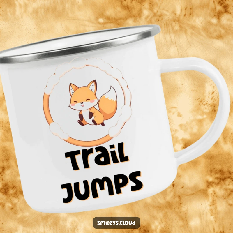 Funny enamel camping mug with a playful fox jumping through a cloud hoop, designed for outdoor fun and humor.