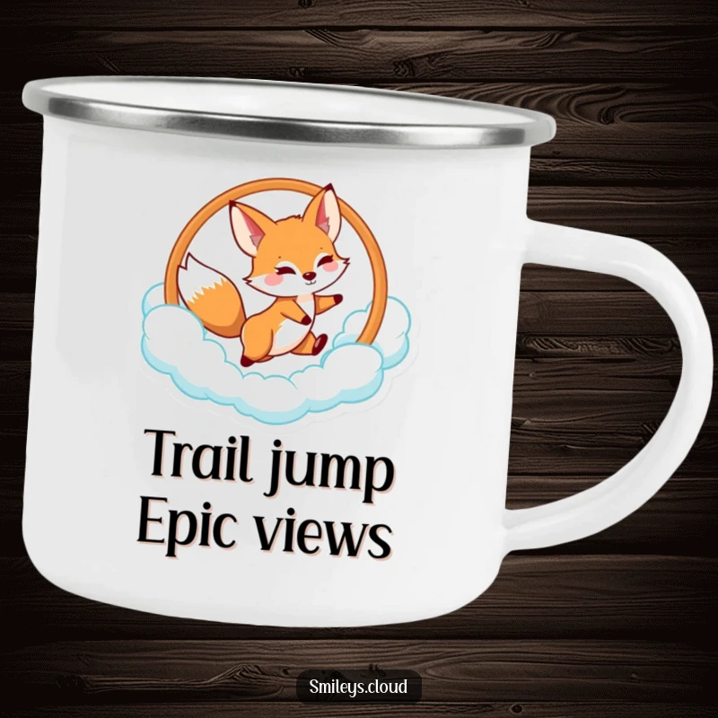 Funny fox camping mug featuring a playful fox jumping through a cloud hoop, perfect for outdoor enjoyment.